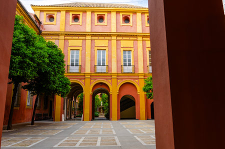 The vibrant courtyard of the palace of the countess of Lebrija in Seville, Spain, showcases stunning architecture and lush greeneryの写真素材