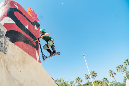 Young scooter rider performing a jump in a skatepark on a sunny day