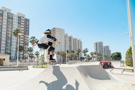 Young skater jumping with skateboard in a skate park in the city