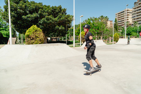 Skateboarder wearing protective gear practicing in a skatepark on a sunny day