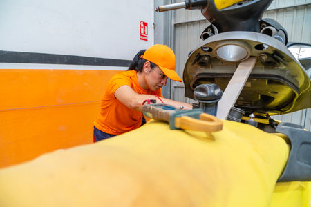 Female mechanic inspecting electrical system of motorcycle using digital multimeter in garageの写真素材
