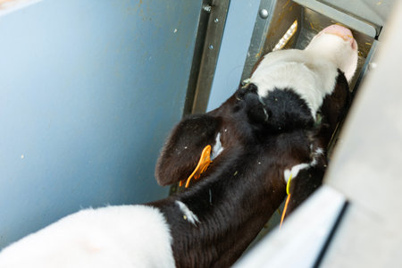 Black and white calf with ear tags feeding from an automated hay feeder on a modern dairy farmの写真素材