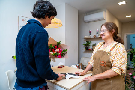 Customer using mobile phone for convenient transaction at flower shop counter