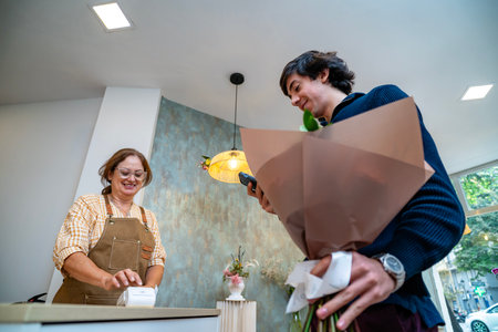 Man paying for a bouquet of flowers with his smartphone at a florist counterの写真素材