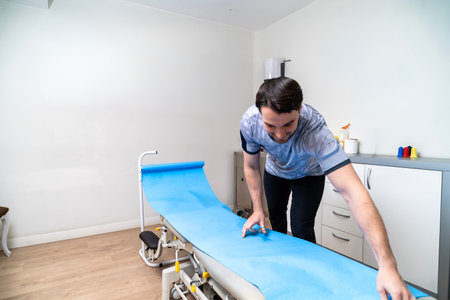 Male physiotherapist arranging hygienic paper on an examination bed in a clinic room
