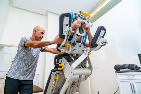 Physiotherapist helping patient using specialized equipment for pelvic floor therapy in a clinic
