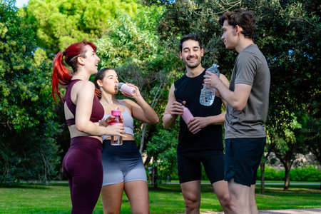 Young people in sports clothing taking a refreshing break and talking in a park