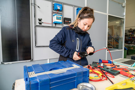 Woman linking solar panel wiring and electrical components in a workshop for renewable energy