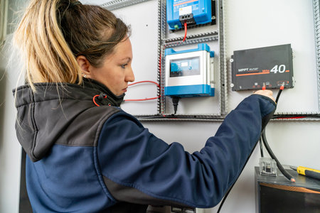 Woman technician connecting electrical wires to a solar charge controller