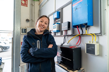 Woman standing with crossed arms by a lithium battery and charge controllers