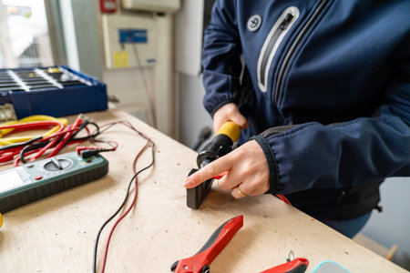 Person's hands using a crimping tool on an electrical wire in a workshop environmentの写真素材