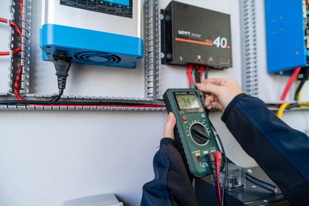 Hands using a multimeter to test electrical current on a solar charge controller