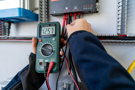 Hands using a digital multimeter to test voltage on a solar charge controller