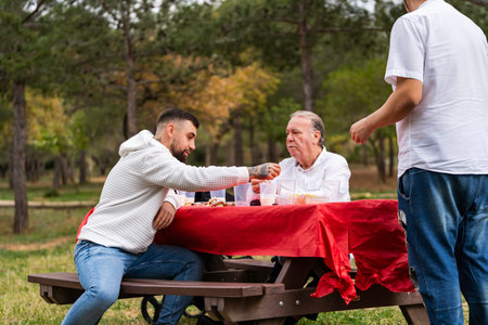 Young man offering food to elder man during outdoor picnic