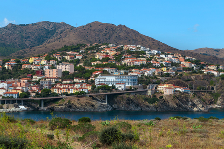 South of France. Mediterranean sea landscape. Small town at the foot of the mountainsの写真素材
