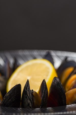 Mussels in wine with lemon. Seafood. Clams in the shells. Delicious snack for gourmands. Selective focusの写真素材