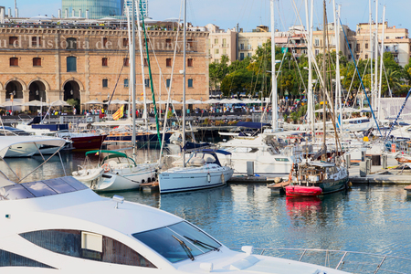 Yachts moored in the port of Barcelona, Spain, 28.06.2018. Evening landscape. Seascape.のeditorial素材