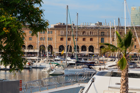 Yachts moored in the port of Barcelona, Spain, 28.06.2018. Evening landscape.のeditorial素材