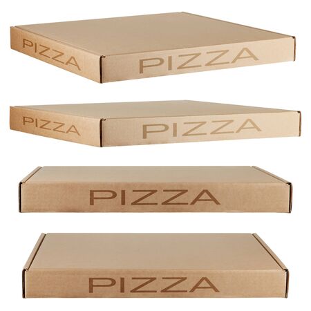 Set of three cardboard pizza boxes. Biodegradable packaging, recyclable products.の写真素材