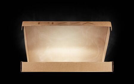 Half-open pizza box with rising steam isolated on a black background. Front view.