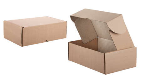 Set of two angles of a cardboard packaging box with a closed and open lid with side fixation, isolated on a white background.の写真素材