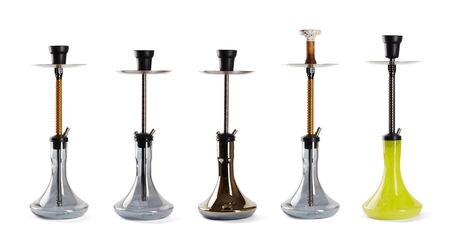 Set of five modern hookahs with high Central consoles and glass flasks of different colors, isolated on a white background with a light shadow.の写真素材