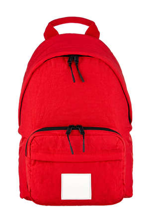 Red backpack made of dense water-repellent polymer fabric, with a zipper, with an external patch...