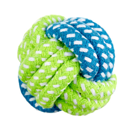 Bright pet ball made of cotton cord of blue and light green colors isolated on a white background.