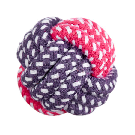 Bright pet ball made of cotton cord of violet and pink colors isolated on a white background.の写真素材