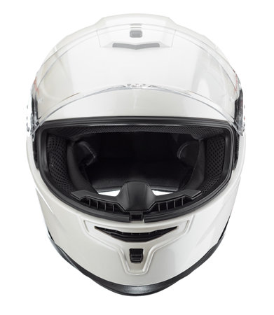 Modern motorcycle helmet made of white carbon fiber, with neck fixation and adjustable air intakes, with a open glass, isolated on a white background.の写真素材