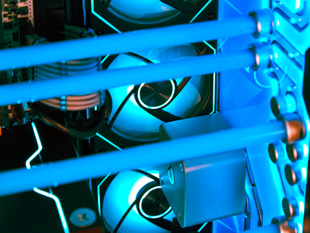 Inside view of a fragment of a high-performance modern computer with a water cooling system and a...
