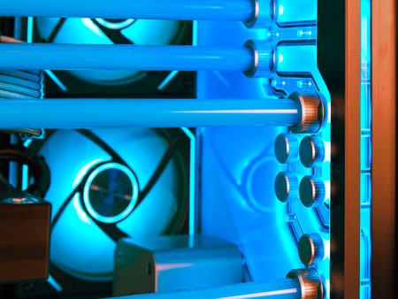 View from inside a fragment of a water cooling system in a high-performance modern computer with a beautiful blue LED backlight. Soft focus.の写真素材