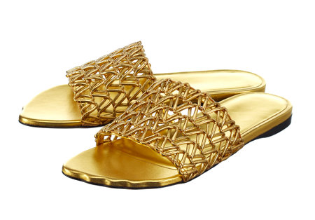 Beautiful elegant open summer sandals made of golden leather, with a beautiful braided top, with low heels, isolated on a white background. Side view.の写真素材