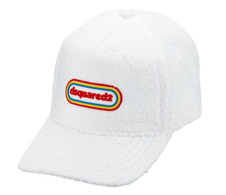Snow-white Dsquared2 baseball cap with a colored , made of towels cotton, with a visor, standing out against a snow-white background. Advertising photoset, Belarus, Minsk, 13.06.2023.のeditorial素材
