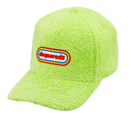 Light green Dsquared2 baseball cap with a colored , made of towels cotton, with a visor, standing out against a snow-white background. Advertising photoset, Belarus, Minsk, 13.06.2023.のeditorial素材