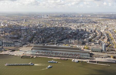 Aerial view of Amsterdam with Amsterdam Central Railway station, Netherlands