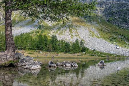 Lago d'Arpy or Lake Arpys near Morgex, a lake basin in the Aosta Valley, Italyの写真素材
