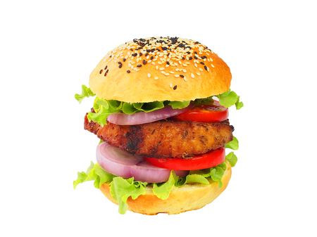 Big size pork chop steak hamburger fast food isolated on white with clipping pathの写真素材