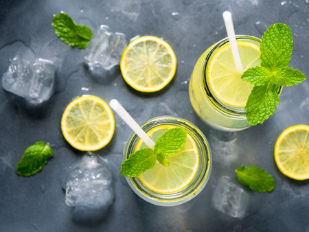 Fresh iced lemonade with mint leaf in glass  for summer drink.