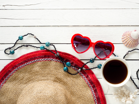 Summer holiday  items,Beach accessories on white wooden background with copy space for vacation concept.の写真素材
