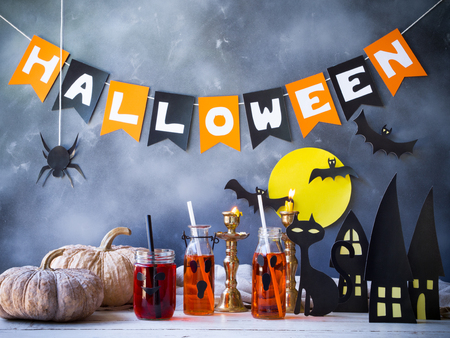 Halloween party decoration,pumpkin drink.の写真素材