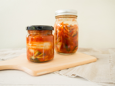 Kimchi, fermented cabbage traditional Korean food in jar.の写真素材