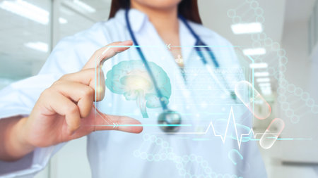 Female surgeon touching virtual screen of electroencephalography brain scan report, Healthcare and medical technology concept.の写真素材