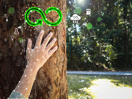 Sustainability conservation, carbon neutral, ESG concept. Woman hand touching tree in forest with renewable energy icons.の写真素材