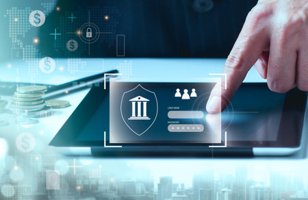 Businessman using tablet with online banking application on screen. Online banking concept.の写真素材