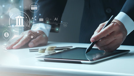 Digital banking , Online payment, Financial and banking, Business technology, Businessman using tablet to access digital banking information.の写真素材