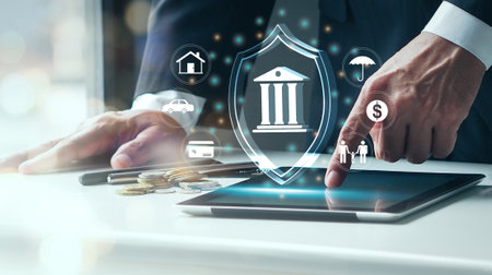 Businessman on blurred background using tablet with online banking icon 3D renderingの写真素材