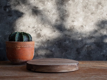 Empty wooden podium on rustic wood table with cactus pot for mockup or product display.の写真素材