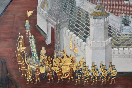 BANGKOK  THAILAND  February 28: A scene from the Ramakien in Wat Phra Kaew Bangkok Thailand on February 28 2014. The Ramakien is Thailand's national epic derived from the Hindu epic Ramayana.のeditorial素材