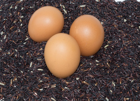 Raw purple Riceberry rice and egg closeup shot in white backgroundの写真素材
